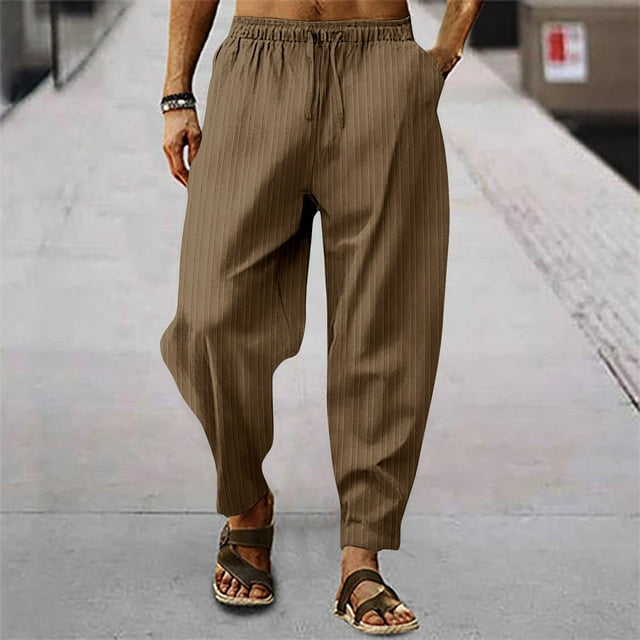 Pants Man White Linnen Solid Stripes Straight Casual Trousers Solid Color Drawstring Loose Dry Gym Sports Sweatpants