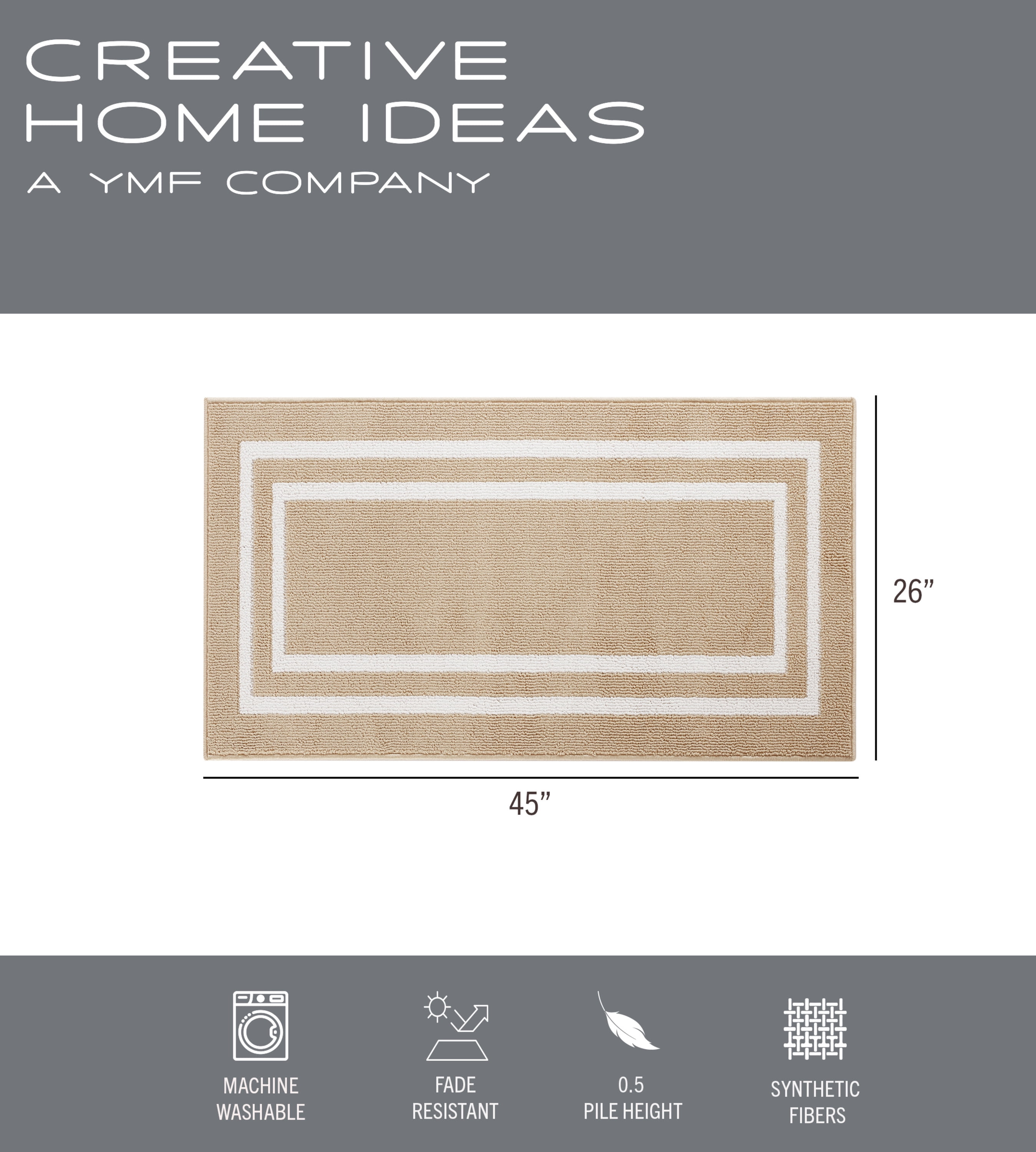 Washable Skid-Resistant Runner Rug, Border, Beige and White, 26" x 45"