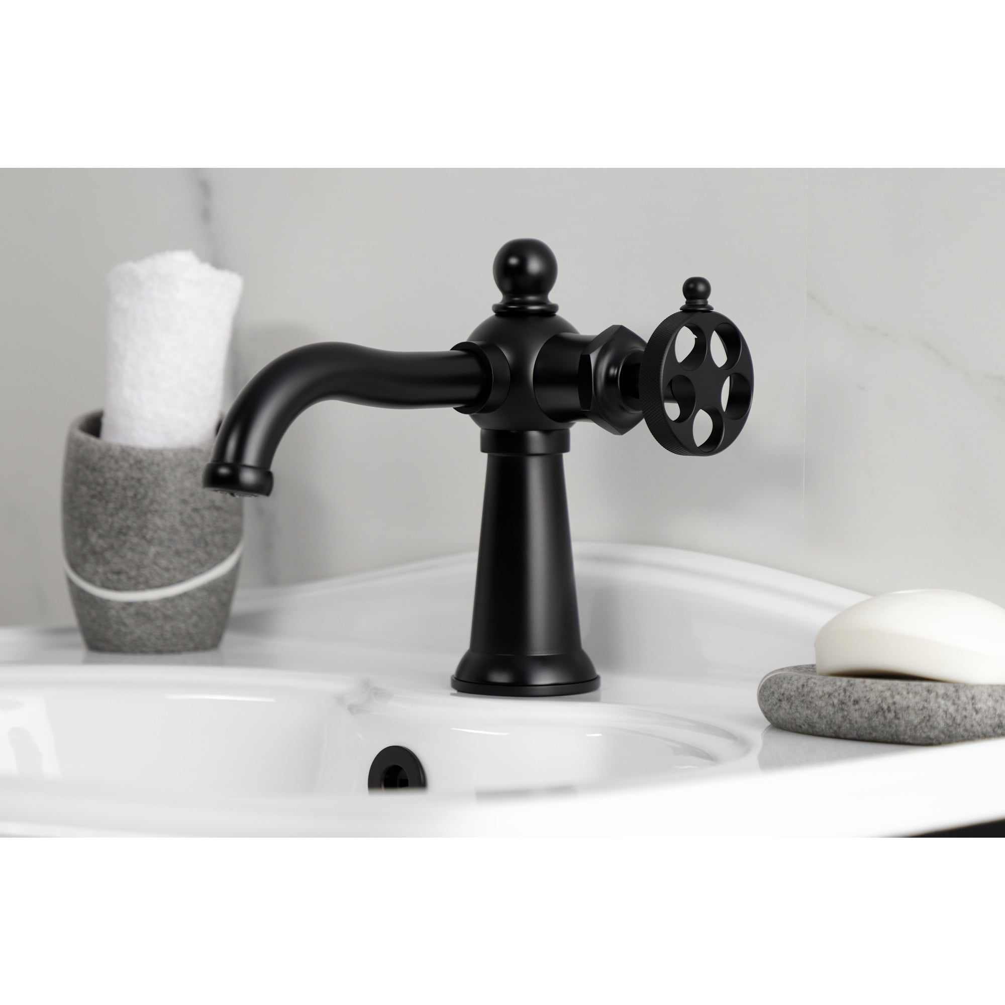 Kingston Brass KS3540RKZ Wendell One-Handle Single-Hole Bathroom Faucet with Knurled Handle and Push Pop-Up Drain, Matte Black