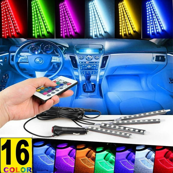 Car LED Strip Light, 4pcs 36 LED DC 12V Multicolor Music Car Interior Light LED Under Dash Lighting Kit with Sound Active Function with Remote Control, Car Charger