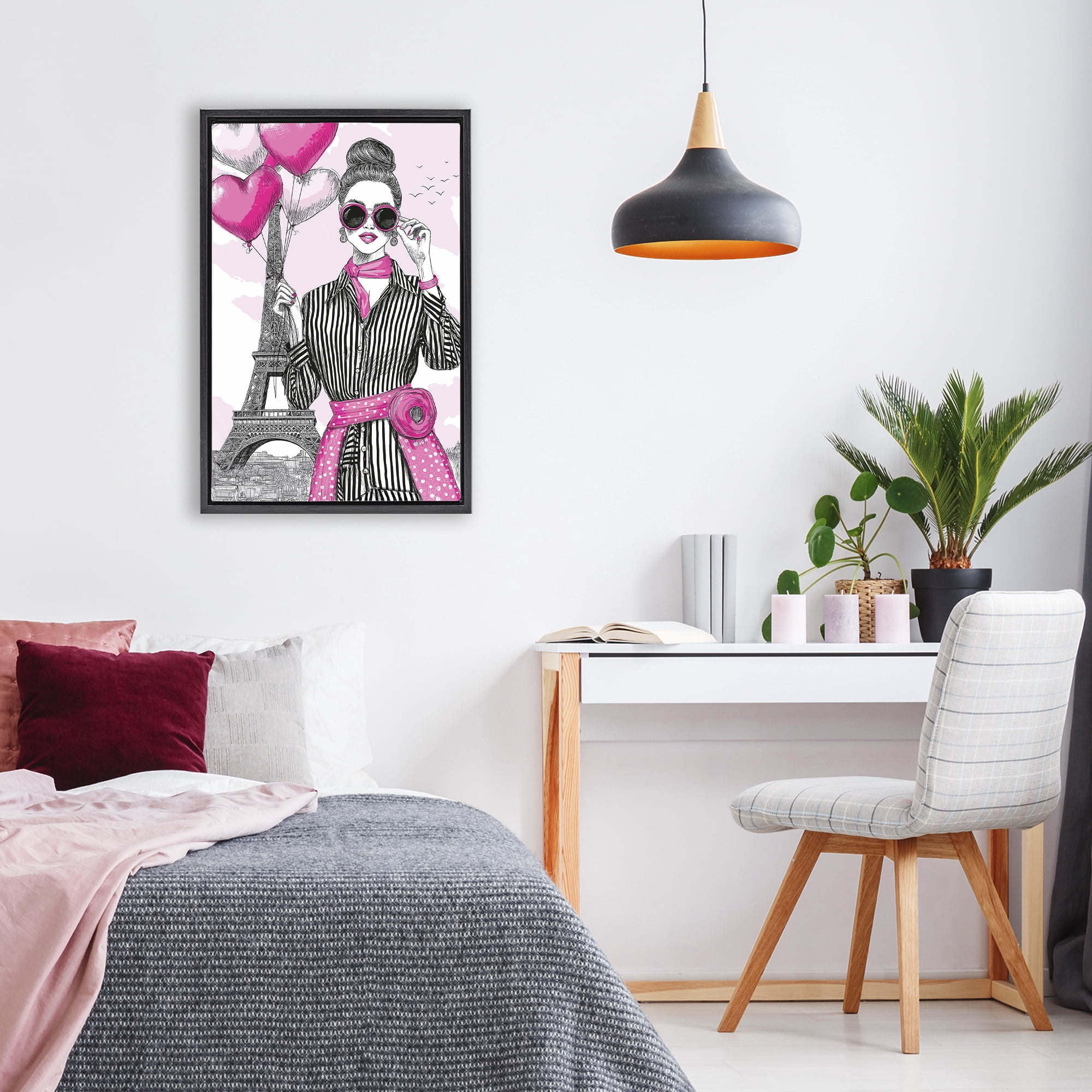 Stupell Industries Parisian Chic Woman with Balloons Black Framed Floater Canvas Wall Art, design by Jess Stempel