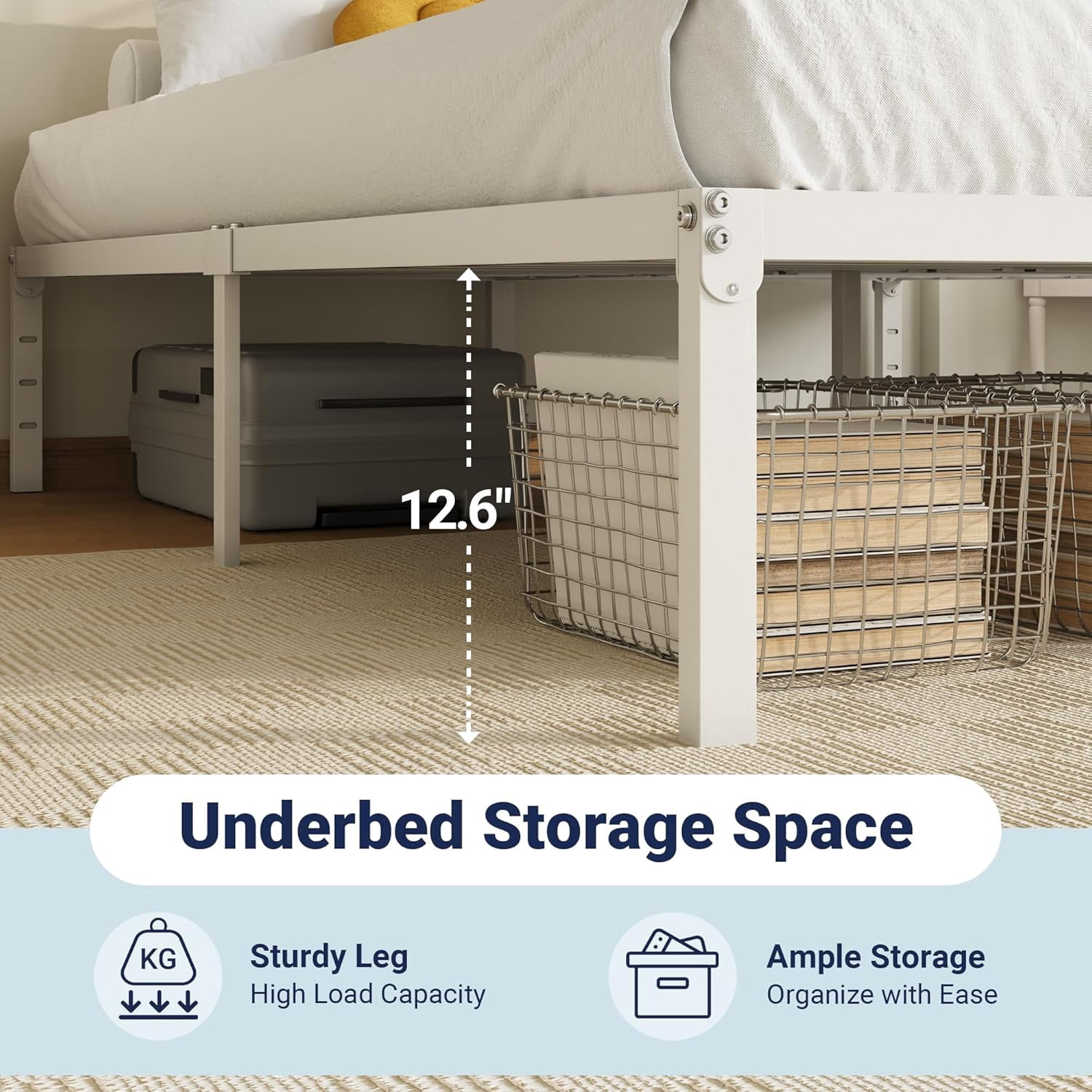 LUDYSHARE King Size Bed Frame, 14 inch Metal Platform Beds with Storage Space, No Box Spring Needed and Easy Assembly, White
