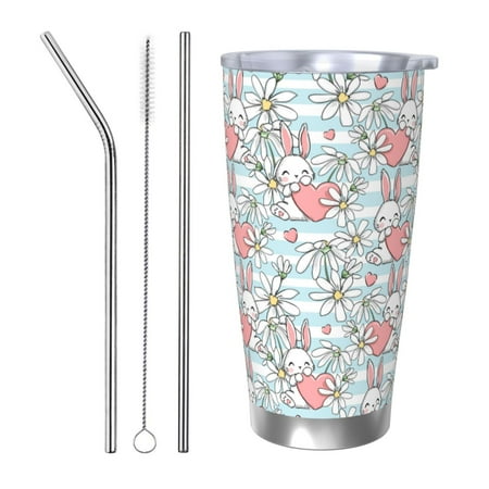 

Lukts Cute Rabbit And Heart for 20OZ Car Cup Stainless Steel Direct Drinking Straw Thermos Cup Suitable for Office Travel and Car-Straw Three-piece Set