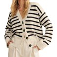 thumbnail image 2 of V Neck Button Down Long Sleeve Open Front Ribbed Knit Outerwear Womens Striped Cardigan Sweaters, 2 of 6