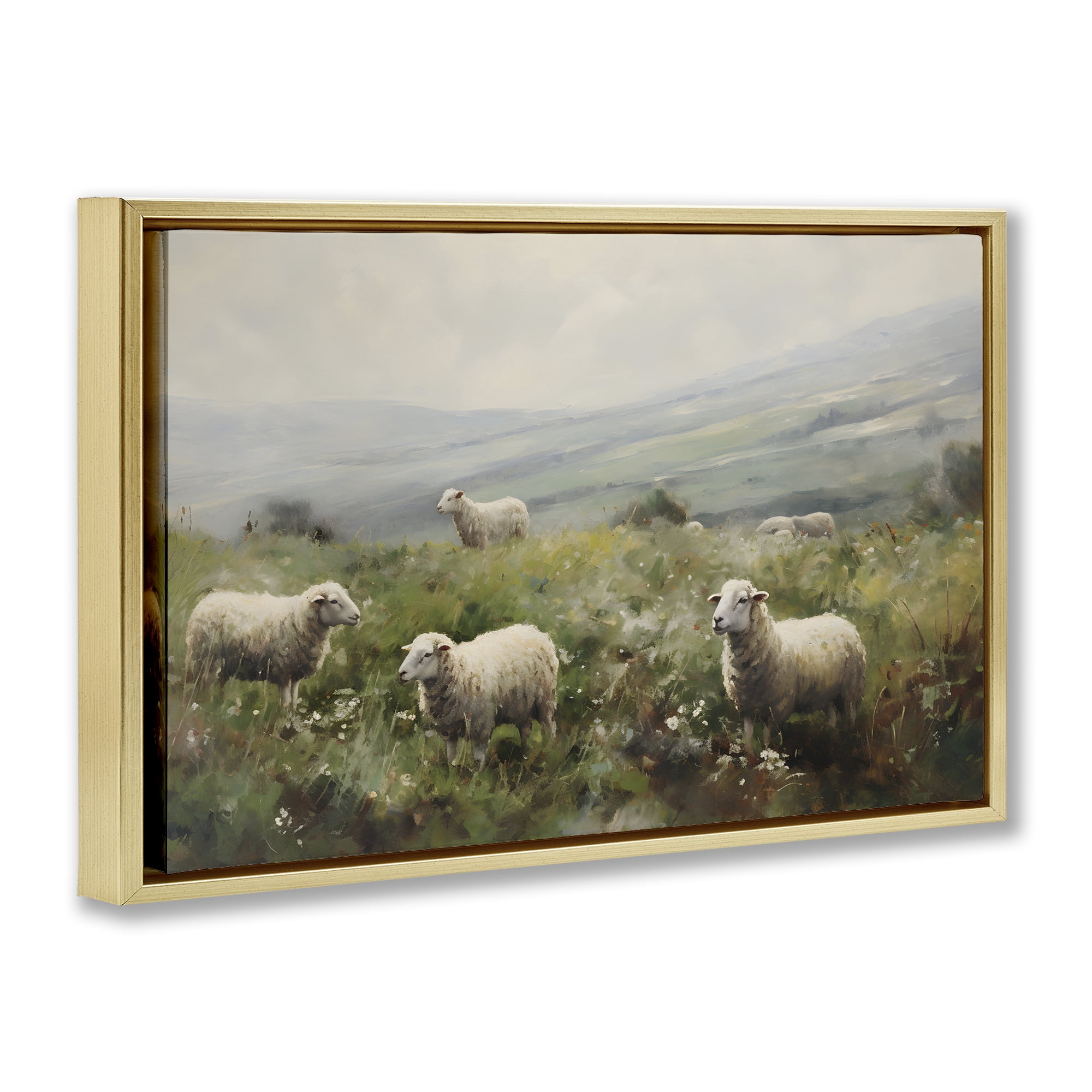 Stupell Industries Misty Sheep Pasture Landscape & Nature Painting Gold Floater Framed Canvas Art Print Wall Art, 31 x 21