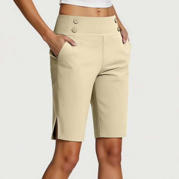 MKLEKYY Leggings Capris para mujer, pantalones de yoga elásticos de verano hasta la rodilla para entrenamiento, pantalones casuales con cintura elástica y bolsillos