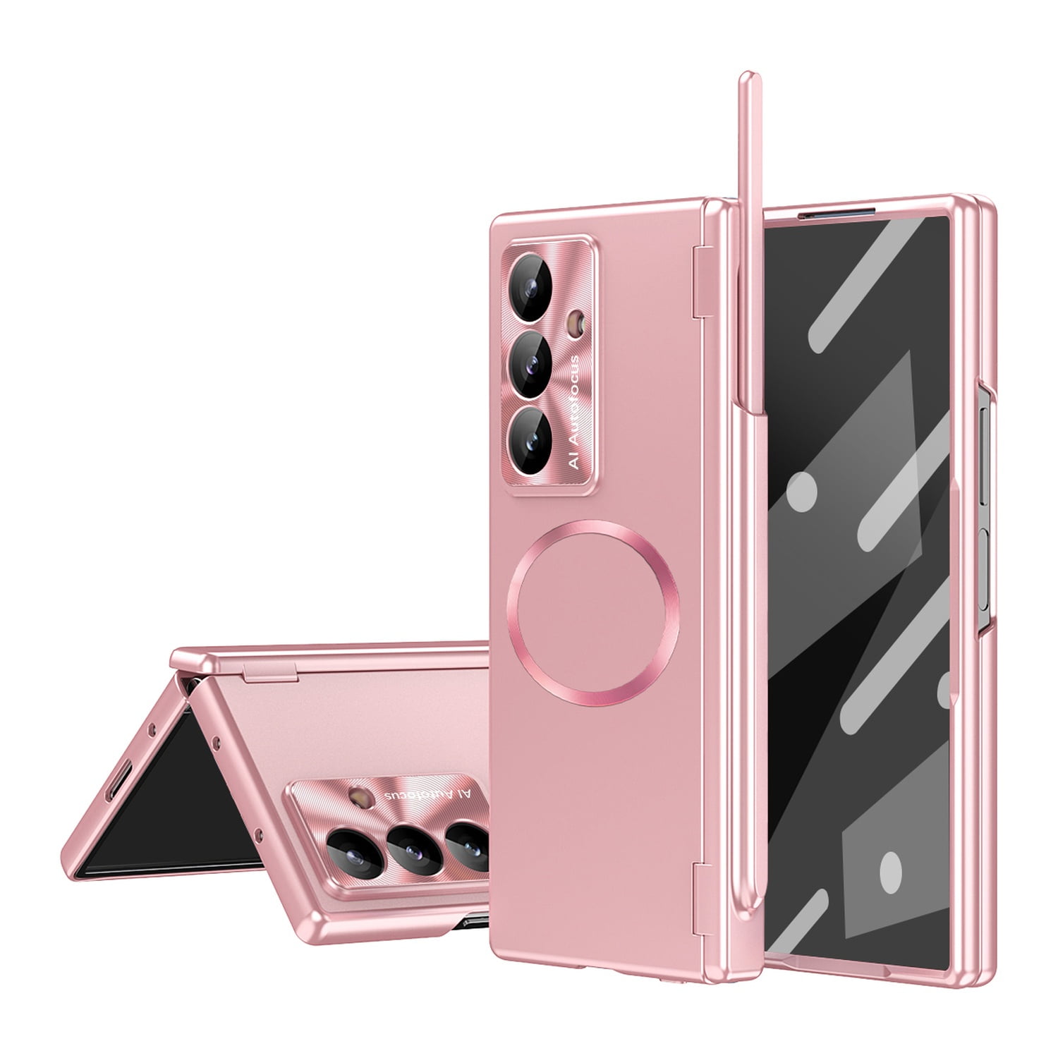 Dteck Case for Samsung Galaxy Z Fold 7 with Built-in Glass Screen Protector, Shockproof Plating Magnetic with 2 Hinge Protection Full Body Hard PC Pen Holder Cover, Pink