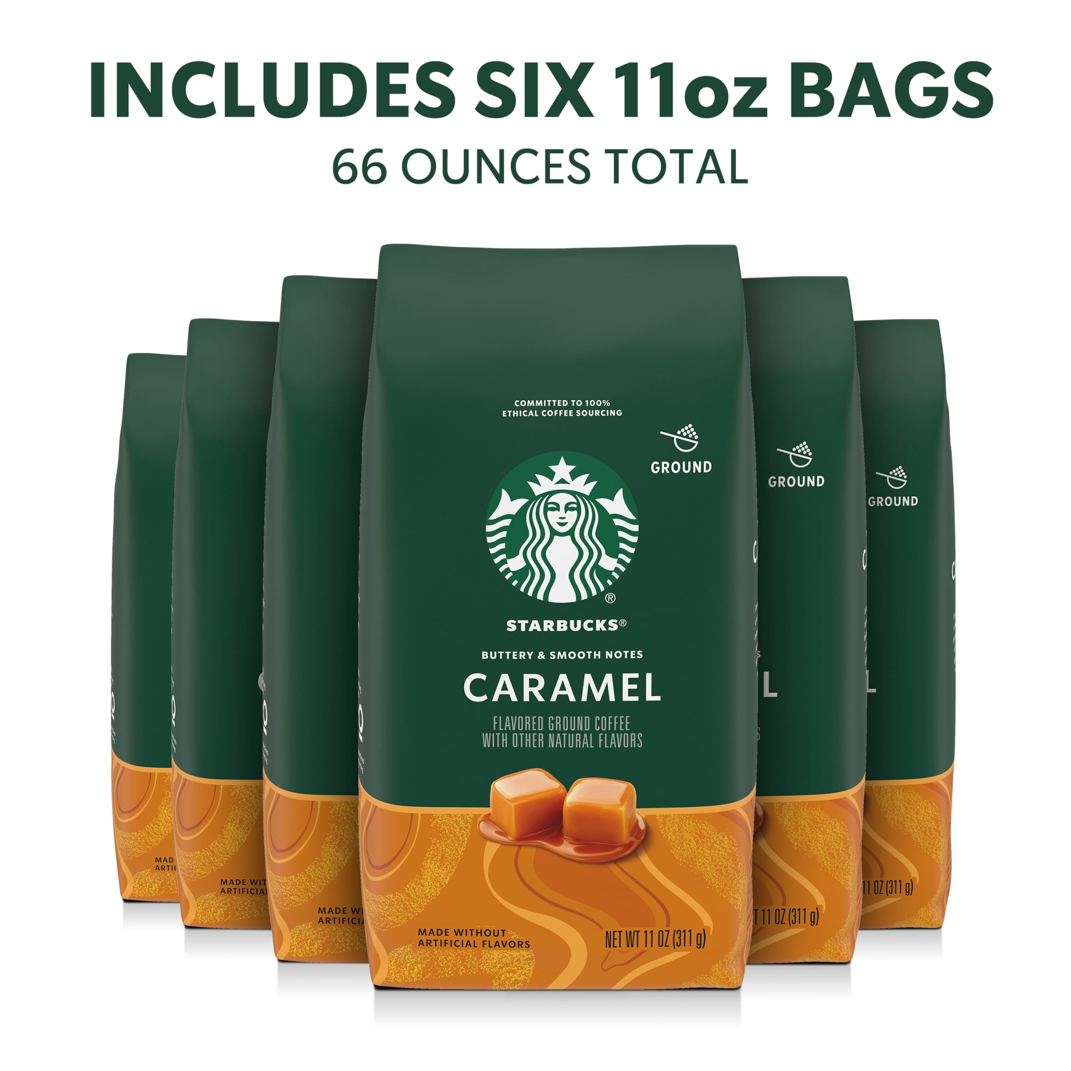 (6 pack) Starbucks Caramel, Ground Coffee, Flavored Hot or Iced Coffee, 11 oz