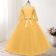 thumbnail image 5 of Miluxas Girls Long Lace Bridesmaid Dress 3/4 Sleeves Floor Length Wedding Party Evening formal Maxi Tulle Ball Gowns Yellow 12-13 Years, 5 of 6