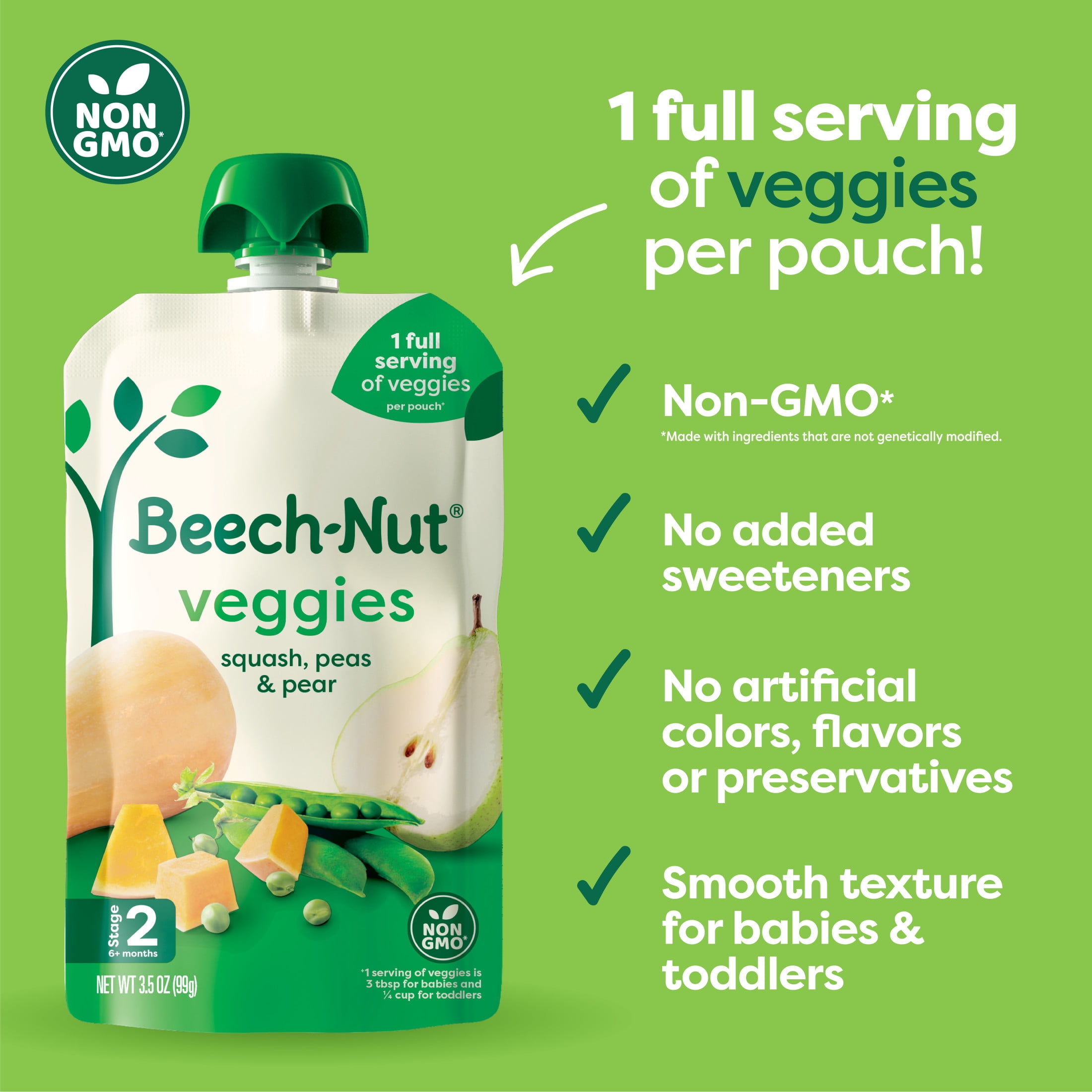 Beech-Nut Veggies Stage 2 Baby Food, Squash Peas & Pears, 3.5 oz Pouch (12 Pack)