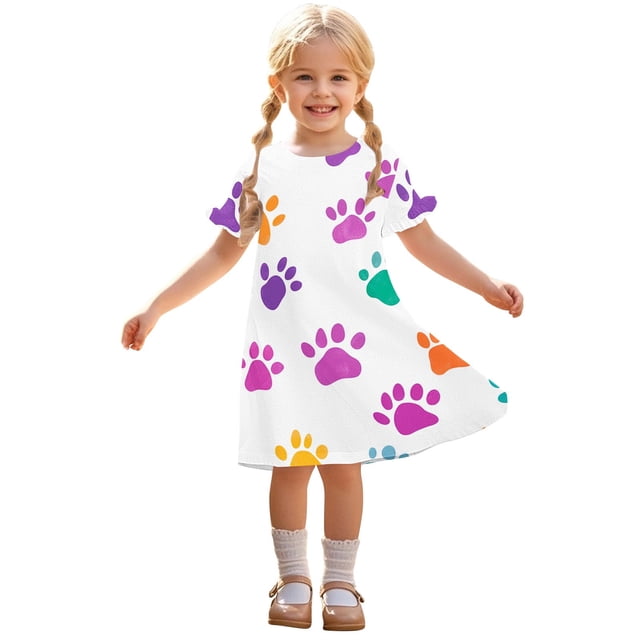 Zpanxa Robes d'Été pour Filles Décontractées à Manches Courtes Col Rond Imprimé Robe en Polyester Spandex Blanc 3 Ans