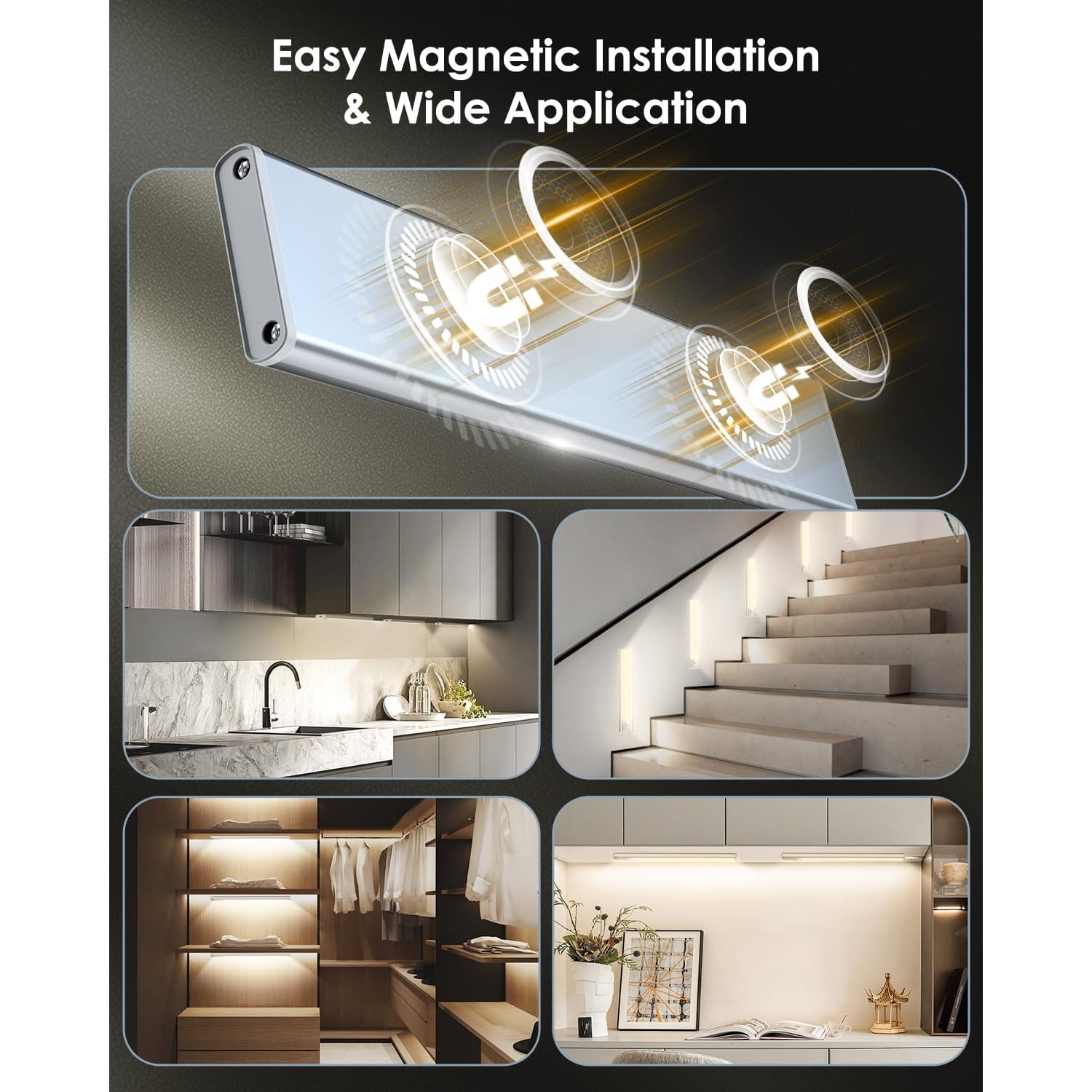 5 Pack Under Cabinet Lights, Rechargeable Under Cabinet Lighting Wireless, Motion Sensor Light Indoor LED Closet Lights Upgraded 2200mAh, Magnetic Under-Counter Light Fixtures for Kitchen Home, 10in