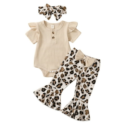 

KidPika 3PCS Newborn Kid Baby Girl Clothes Shirt Romper Pants Headband Leopard Outfit Set