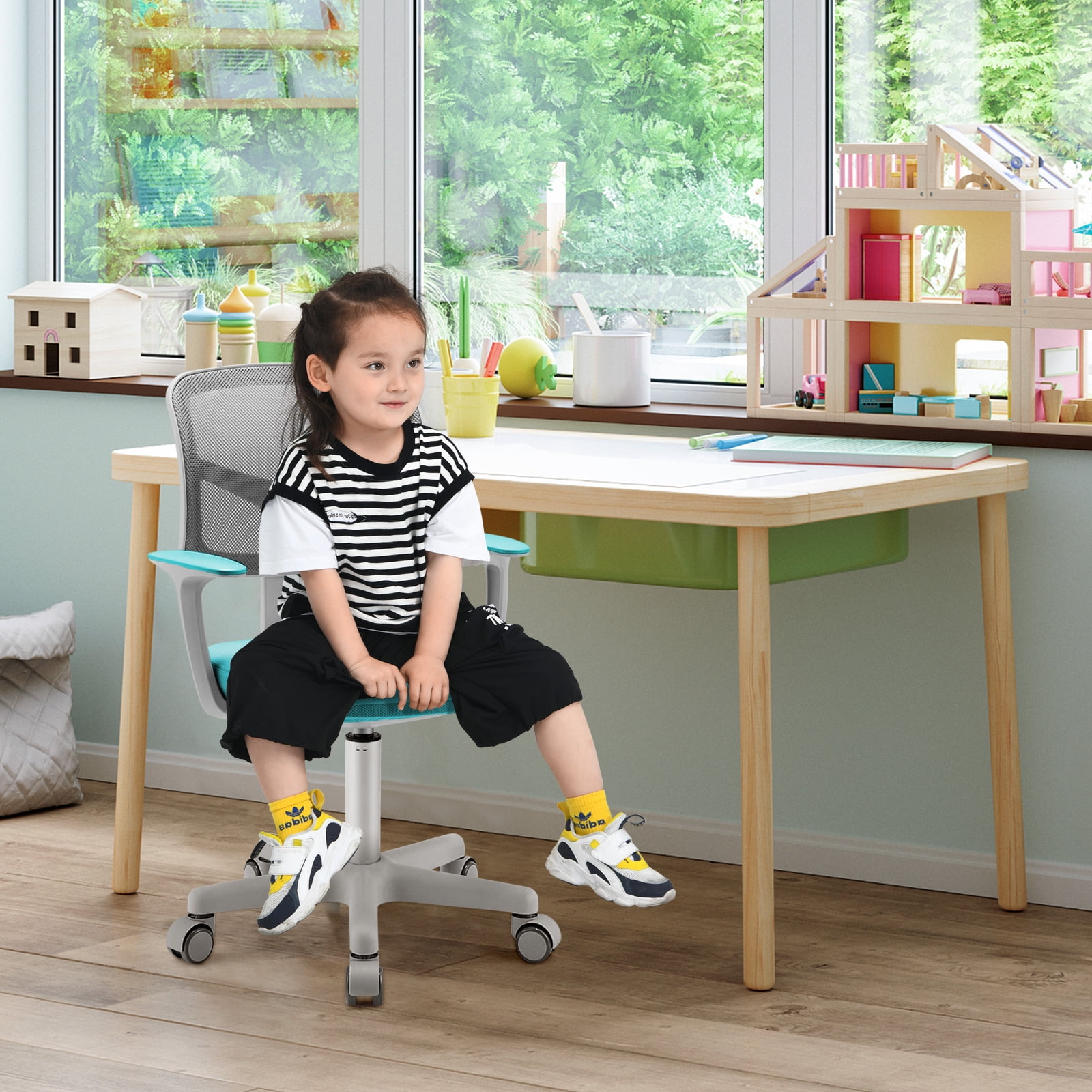 Costway Auto Lock Kids Mesh Chair with Armrests Height Adjustable 360-Degree Swive Green