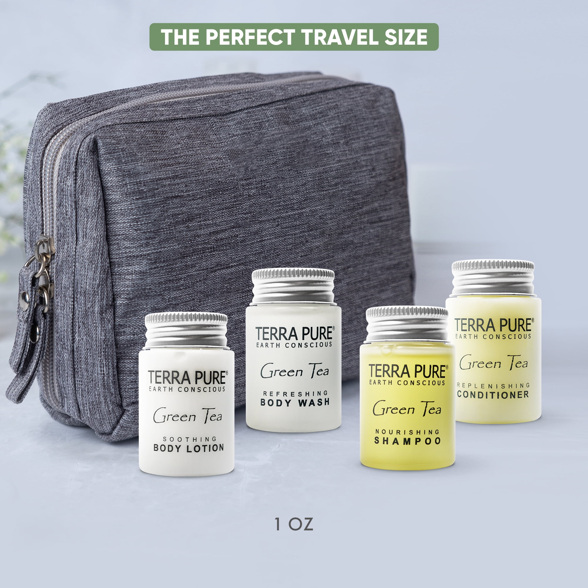 Terra Pure Green Tea 1.0 oz. Toiletries Set | 1-Shoppe All-In-Kit Amenities For Hotels, Airbnb & Rentals | Hotel Shampoo & Conditioner, Body Wash, Body Lotion | 80 Piece Travel Set