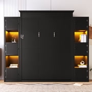 Euroco Wood Queen Size Murphy Bed with Shelves, Convertible Wall Bed with LED Light, Black