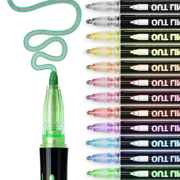 12 Colors Outline Metallic Markers, Acrylic Paint Marker Paint Pen Glitter Drawing Pen for Wood, Rock Painting