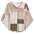 thumbnail image 4 of Pink Beige Brown Textile Squares Women's V-Neck Blouse With 3/4 Ruffled Bell Sleeves Casual Top Ladies Blouses, 4 of 7