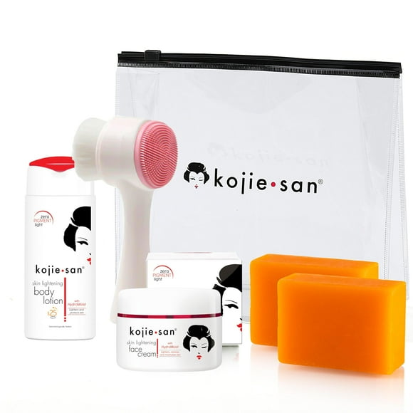 Kojie San Face & Body Complete Brightening Mini Set - 65 gramos x 2 barras Jabón Loción corporal Crema facial y cepillo de limpieza facial