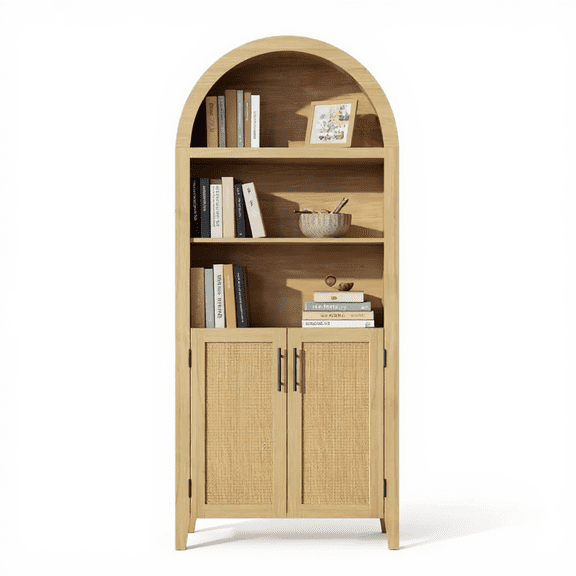 Goldensoil 63'' Arched Pantry Storage Cabinet, 5 Tier Bookcase with Shelf, 2 Rattan Doors,Wood color