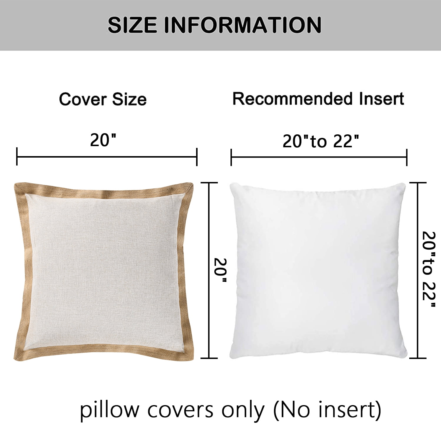 HIG Vintage Square Linen-Like Throw Pillow Covers, Cottage Boho Cushion Covers with Natural Burlap Trim, Idyllic Square Pillow Cases for Car Chair Porch, 2 Pieces, Natural, 20x20, No Insert (WALTER)