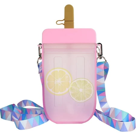 

bangyoudaoo Cute Water Bottle with Straw - 300 ML Creative Ice Cream Popsicle Cups Adjustable Shoulder Strap for School Kids Girls Leakproof BPA Free Drinking Bottles Camping Sports Travel(Pink)