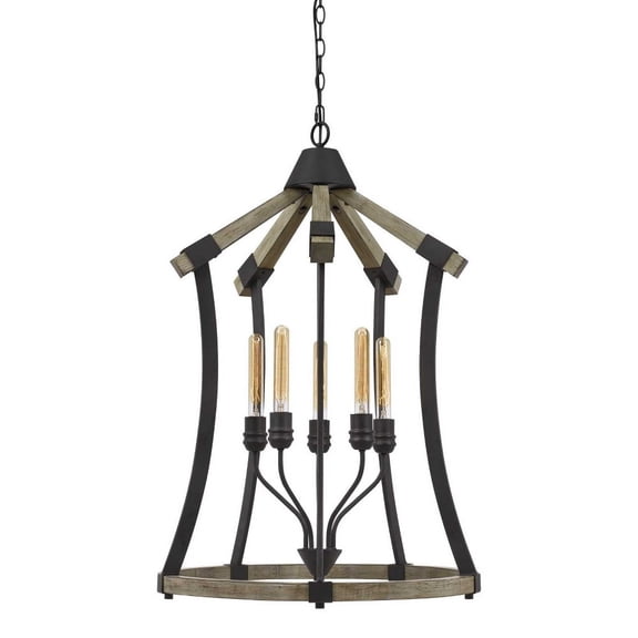 Cal Lighting Dali 5-Light Pine Wood & Metal Chandelier in Light Oak/Iron Black