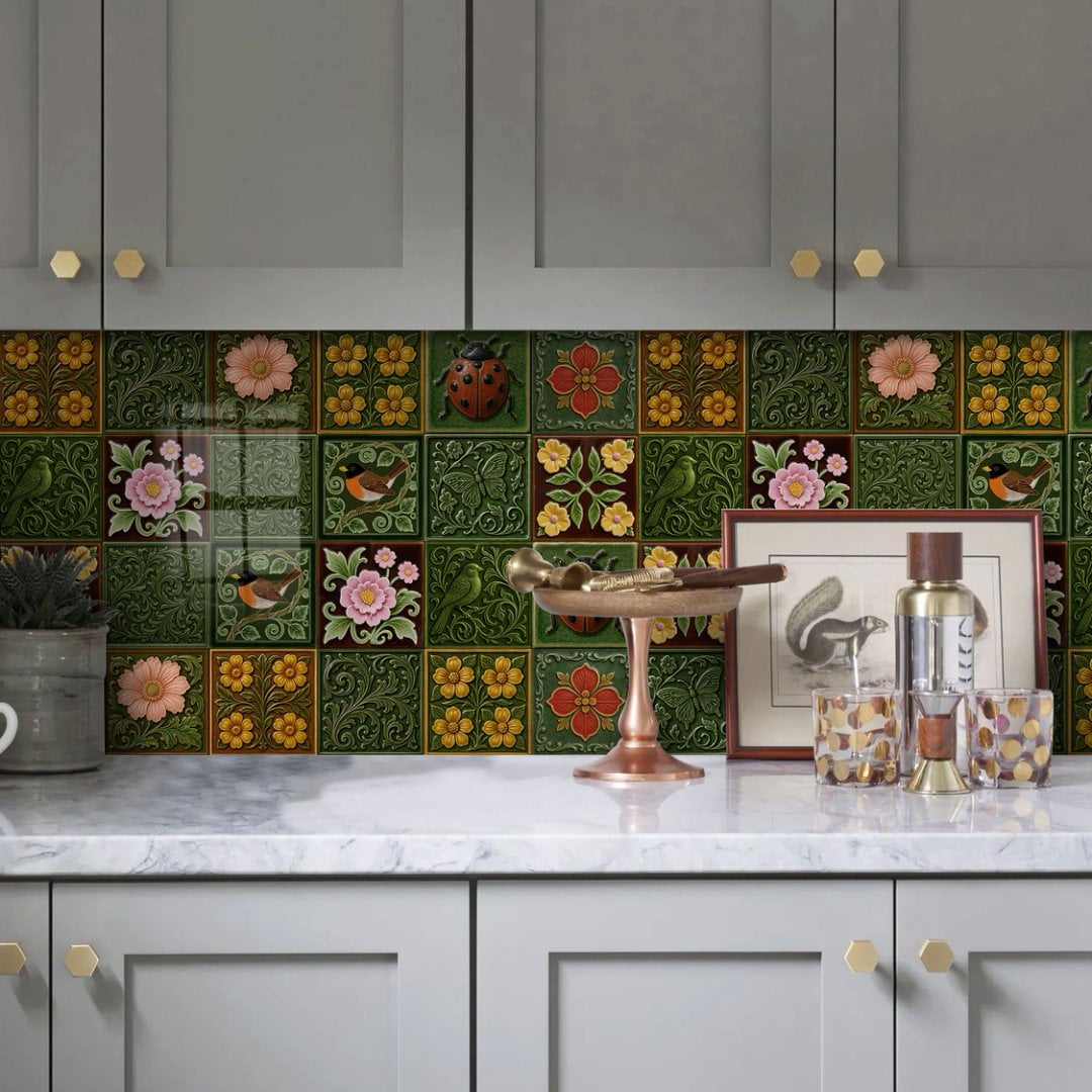 12 Sheets Tile Sticker Waterproof Peel and Stick Backsplash 5.9" x 5.9" Green Flower Wall Stickers Self-Adhesive DIY Decor Decals