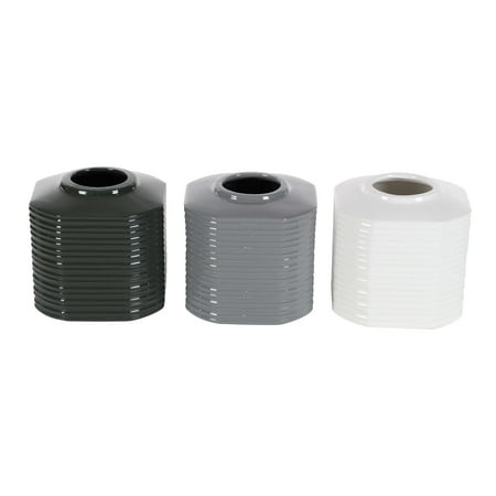 Ribbed Ceramic - Decmode Set of 3 contemporary 7 inch ribbed octagonal ceramic vases, Black, Gray, White
