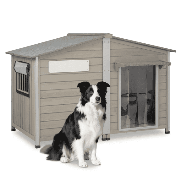 PETSCOSSET Outdoor Dog House XL - Wooden Kennel with Asphalt Roof - 51.2 in, Gray