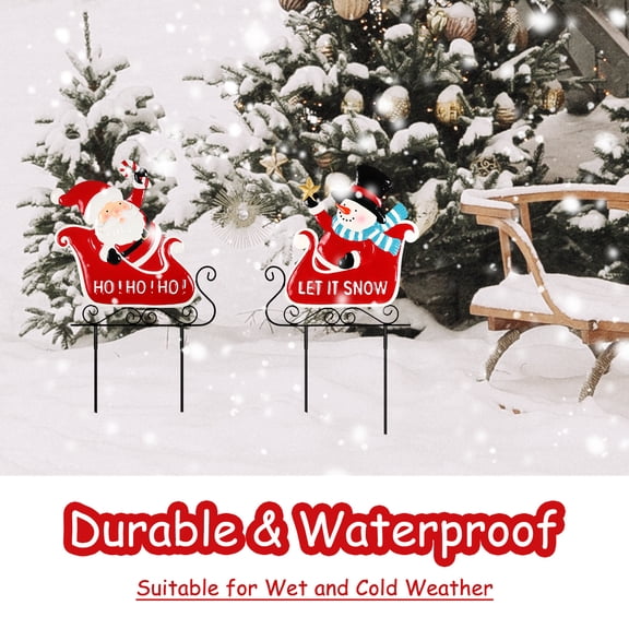 Set of 2 Christmas Yard Stakes, Metal Santa and Snowman Decorations, Outdoor Holiday Garden Decor