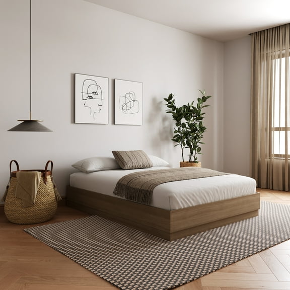 Nexera Milano King Size Platform Wood Bed Frame, Brown Oak