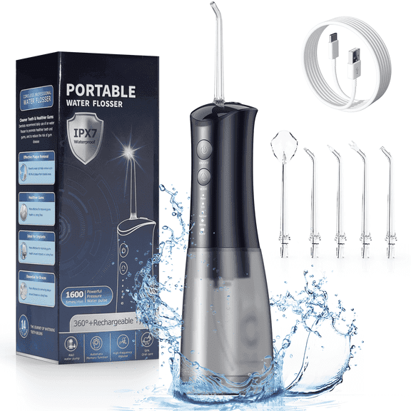 VIIWII Portable Water Flosser – 360ML Oral Irrigator for Teeth & Braces, IPX7 Waterproof, Rechargeable Dental Cleaner with 5 Nozzles, Black