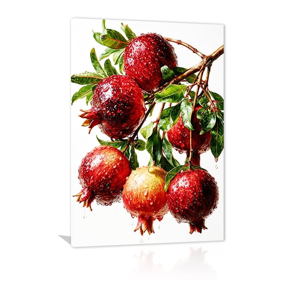 Bright red pomegranate canvas fruit painting, adorned with dewdrops, botanical art painting, printed pomegranate branches, suitable for kitchen, dining room, and home wall decoration frames.