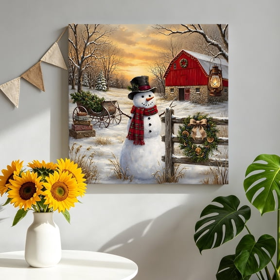Christmas Winter Canvas Wall Art, Farmhouse Country Red Barn Snowman Wreath Pictures Wall Decor Wooden Framed Artwork Art Prints for Living Room Hallway Bedroom Office 8"x8"