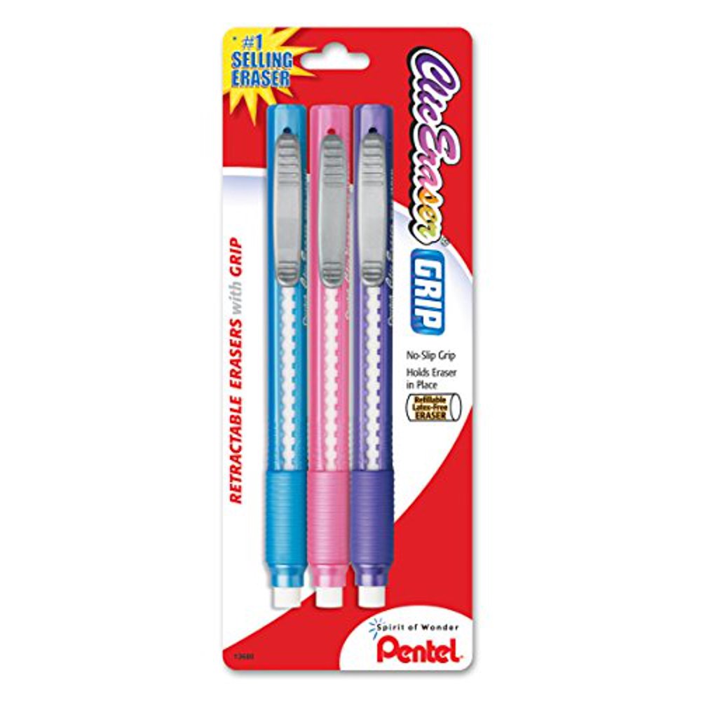Pentel Clic Retractable Eraser with Grip, Assorted Barrels, 3 Pack