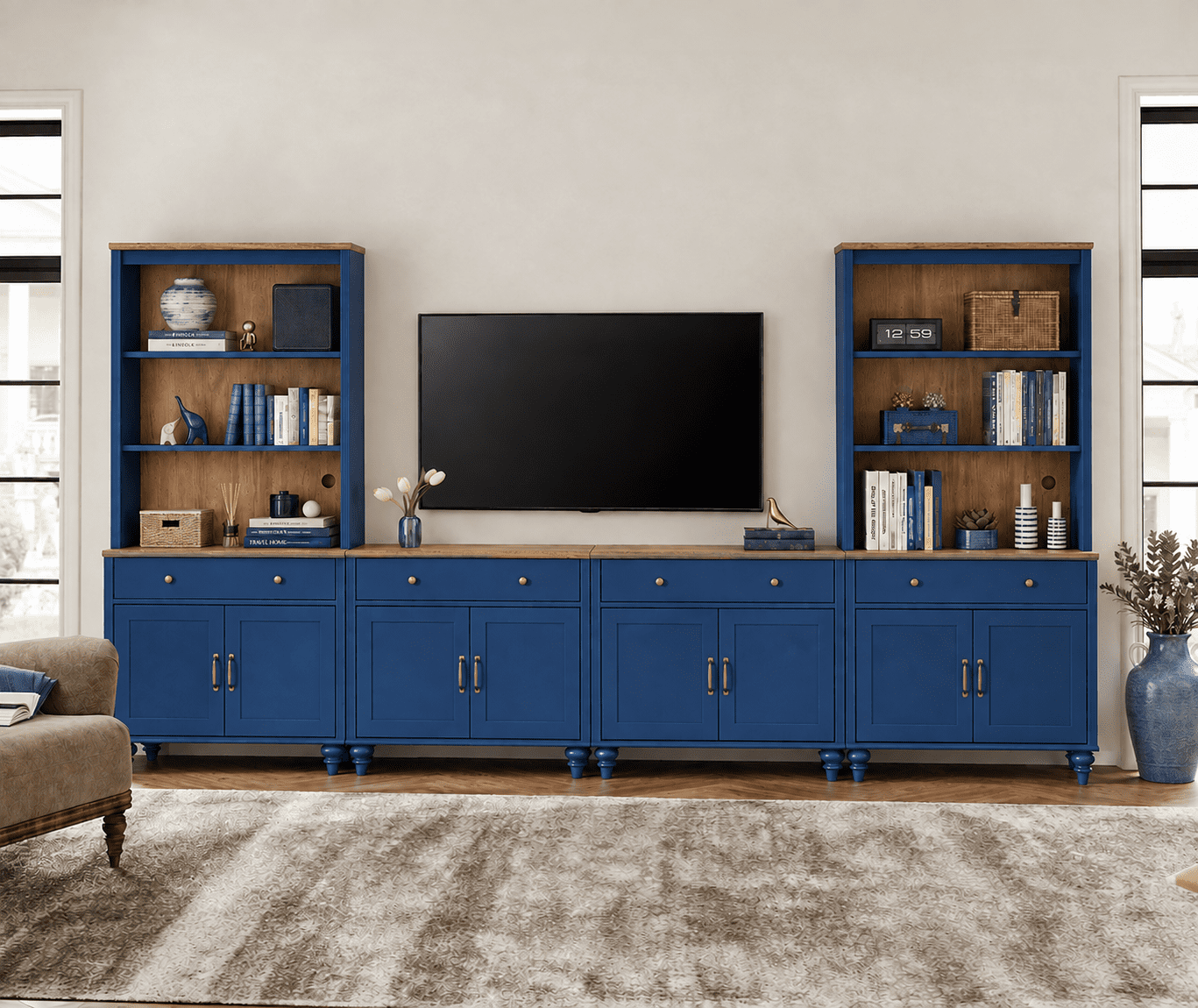 Entertainment Center with Bookshelves for TVs up to 75", Farmhouse Wall Unit TV Stand with 8 Doors & 4 Drawer, Media Console Table for Living Room, Bedroom & Home Theater, Navy Blue