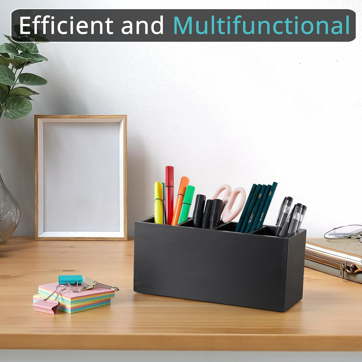Pencil Pen Holder for Desk, Wooden Office Desk Organizers and Accessories with 4 Slots for Countertop, Makeup Brush Holder Organizer for Bathroom Vanity, Silverware Caddy for Party, Black