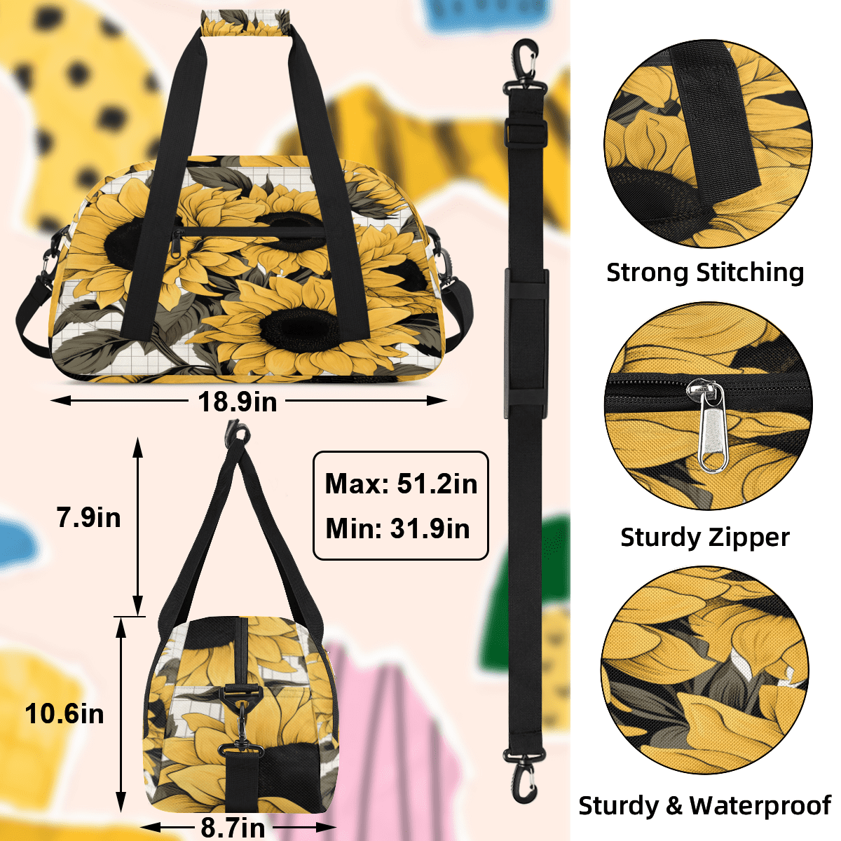 Herdesigns Yellow Sunflower Sports Duffle Bag for Women & Men, Gym Bag Dance Bag Overnight Bag Carry On Weekender Travel Bag