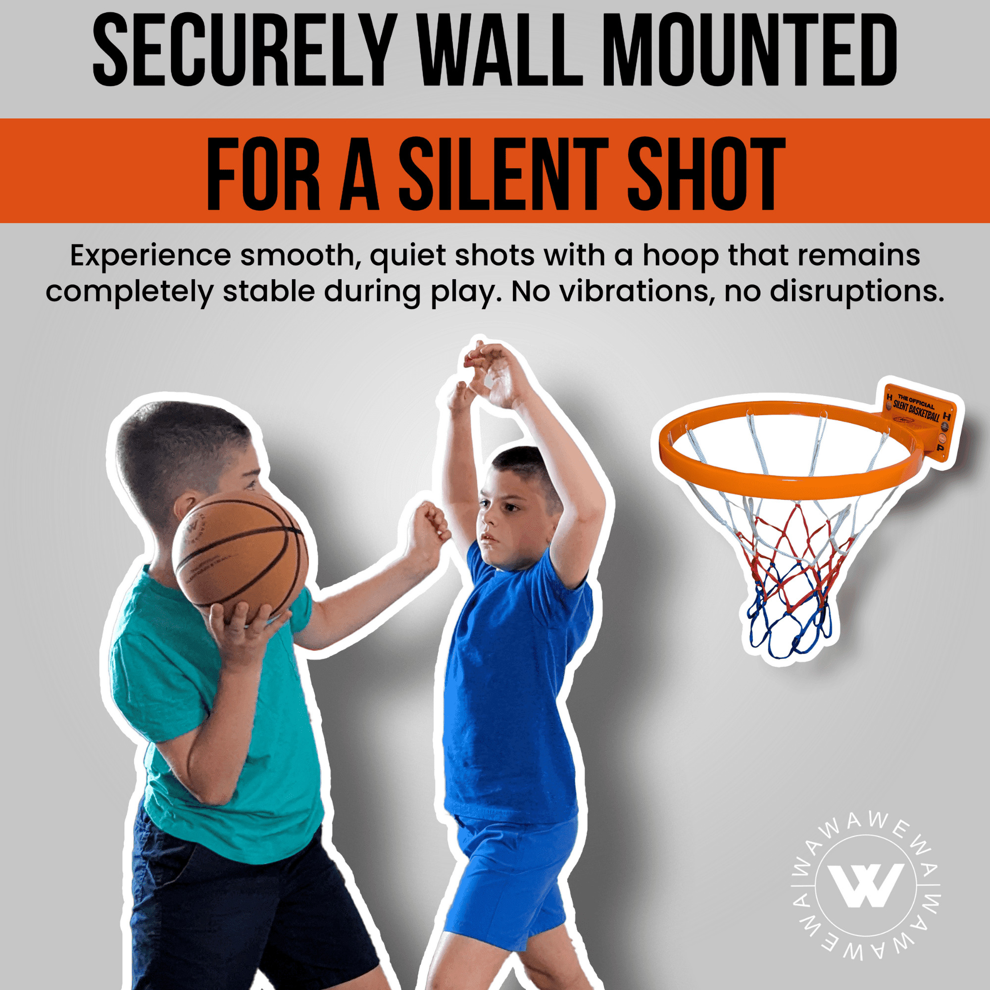 WAWAWEWA The Official Silent Basketball Hoop Indoor – Large Plastic Wall-Mounted Quiet Practice Hoop for Shooting & Skill Training (for Use with Silent Basketballs Only) – Adhesive or Screw Install