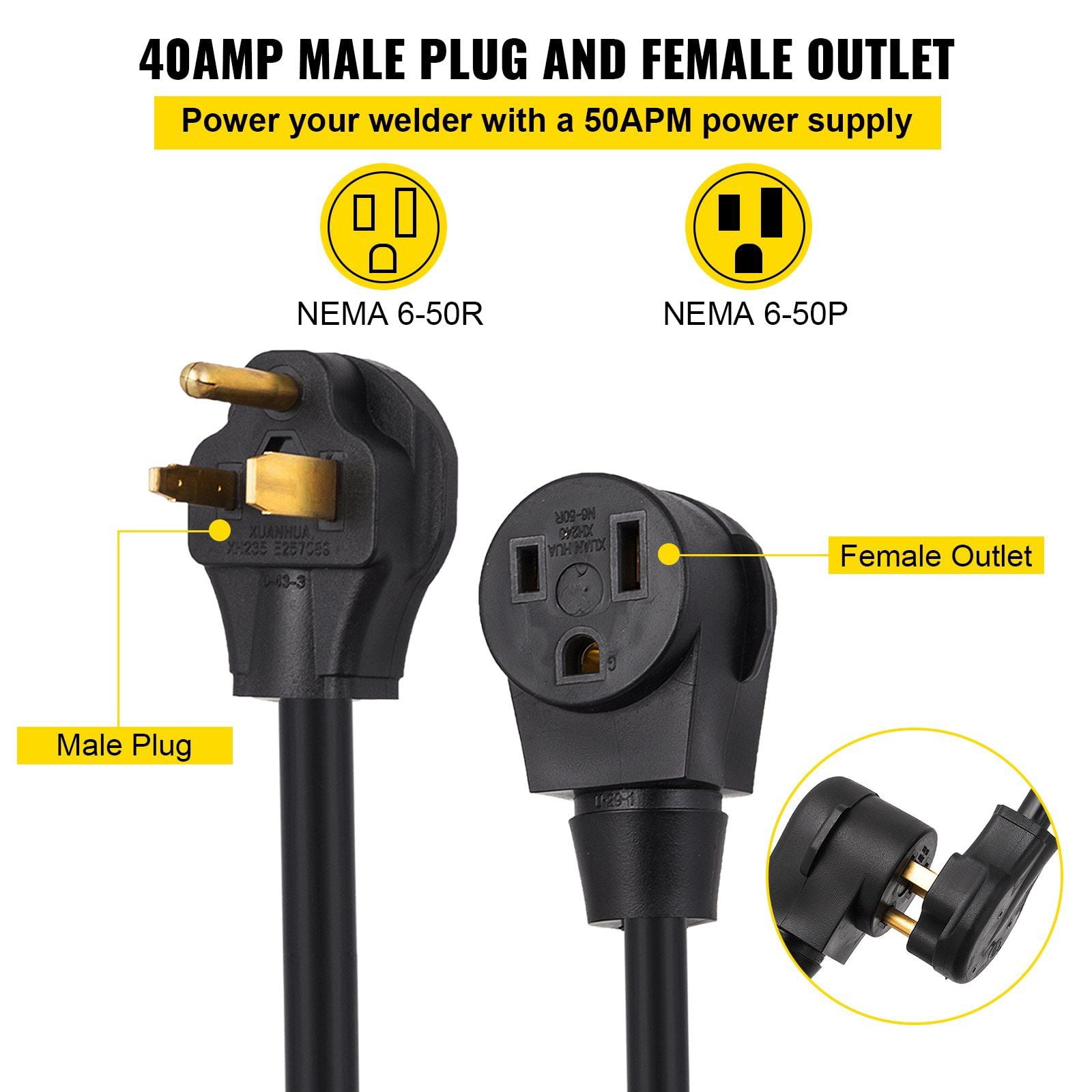 HCY Welder Extension Cord 40Amp 50ft 250V, Welding Power Cord with NEMA 6-50 Plug 8 Gauge 3 Prong for MIG,Lincoln,Plasma,Miller,TIG