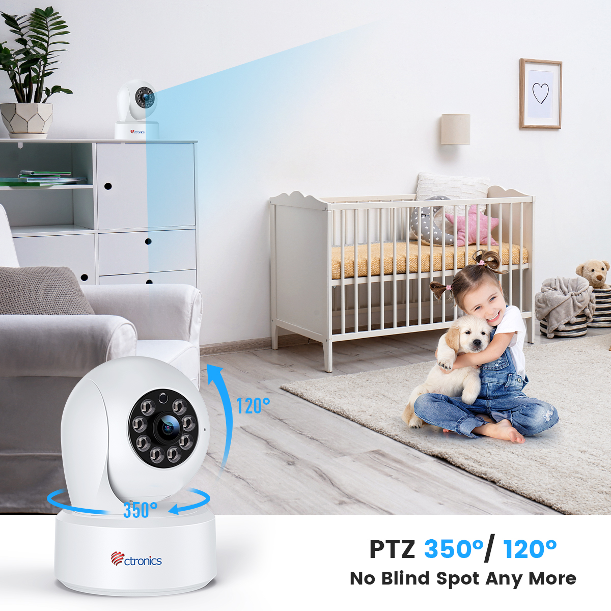 Ctronics 2.5K 4MP Baby Security Camera, 2.4Ghz WiFi Cameras for Kids and Pets Security with Color Night Vision 20M, PTZ 360°, AI Human/Motion Detection,Two-Way Audio