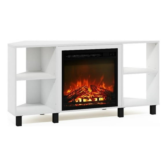 Pemberly Row Corner Fireplace TV Stand with 4 Open Compartments Solid White