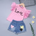 thumbnail image 2 of Baby Beach Outfit Toddler Kids Girls Solid Short Sleeve Letters Prints Tops Jeans Skirt 2pcs Set Clothes, 2 of 7