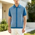 thumbnail image 5 of EANJE Men's Short Sleeve Knit Polo Cardigan, Geometric Pattern Button‑Down Lapel Collar Retro Casual Knitted Shirt for Daily Vacation Blue M, 5 of 5