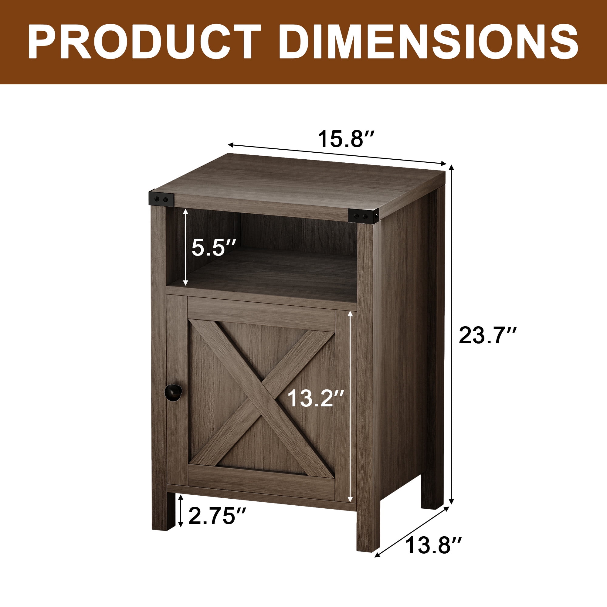 4 EVER WINNER Farmhouse 2-Pack Barn Door Side Tables, Rustic Gray Storage End Tables, Stylish Bedside Tables for Bedroom & Living Room