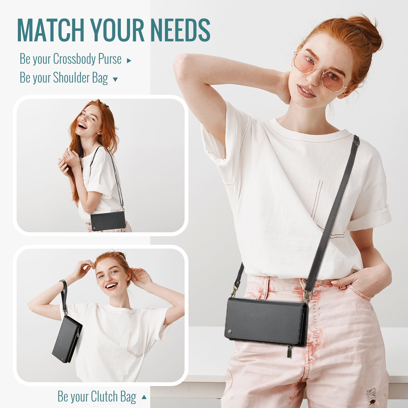 ELEHOLD Phone Bag Wallets for Women Girls,Luxury PU Leather Wallet Bag Crossbody Handbag with Phone Pocket Zipper Pocket Large Capacity Credit Card Holders Wriststrap Shoulder Strap,Black