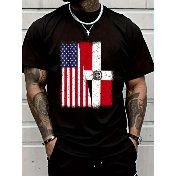 100% Cotton Dominican Republic American Flag Hispanic Heritage Month T-Shirt Round Neck Short Sleeve T-Shirt Women's Men's Graphic Tee Women's Men Graphic Tee