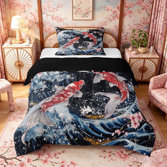 Manfei Japanese Koi Moon Twin Comforter Sets for Girls, Night Wave Bedding Set, Blue Red, Black Reversible 2pcs, 1 Comforter and 1 Pillowcase