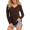 thumbnail image 2 of Holzkary Women's Long Sleeve Shirts V Neck Basic Tee Tops Loose Fit Fall Outfits for Women Loose Blouse Fashion Top Casual V-Neck Long Women Color Sleeve Solid Lady Women's Blouse Coffee L, 2 of 4